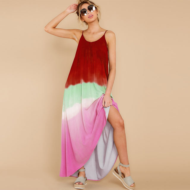 Striped Print Irregular Boho Dress Sleeveless Maxi Dresses PQLQ064
