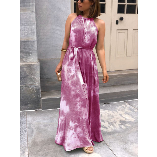 Green Halter Maxi Dresses For Women Tie Dyed Boho Dress PQLQ086C