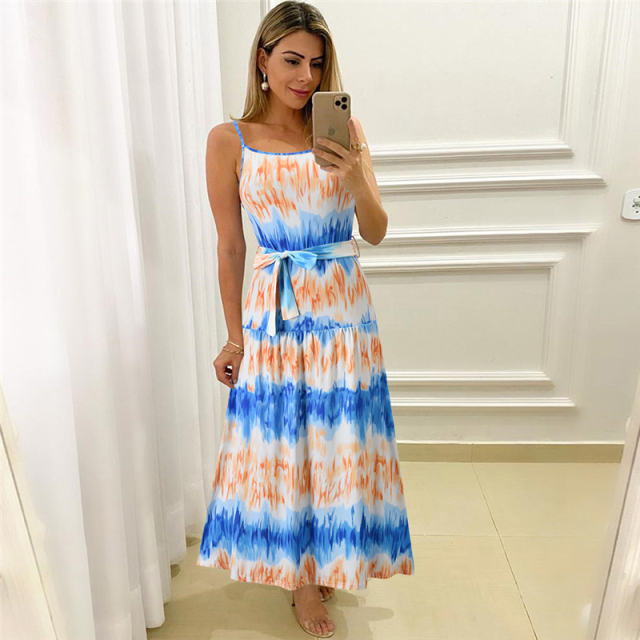 Spaghetti Strap Maxi Dresses For Women Tie Dyed Boho Dress PQLQ095