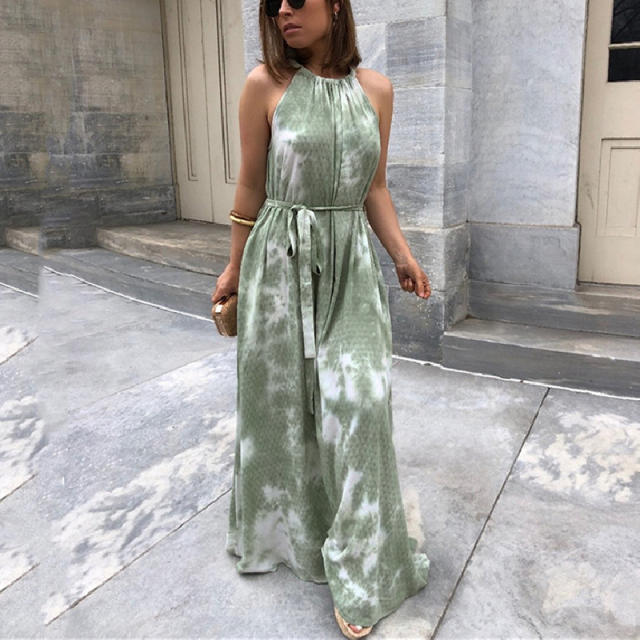 Green Halter Maxi Dresses For Women Tie Dyed Boho Dress PQLQ086C