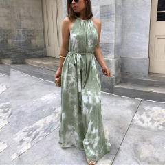 Blue Halter Maxi Dresses For Women Tie Dyed Boho Dress PQLQ086B