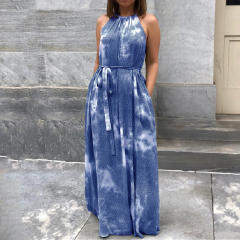Blue Halter Maxi Dresses For Women Tie Dyed Boho Dress PQLQ086B