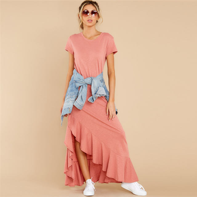 Short Sleeve Maxi Dresses Women Solid Color Boho Dress PQLQ099A