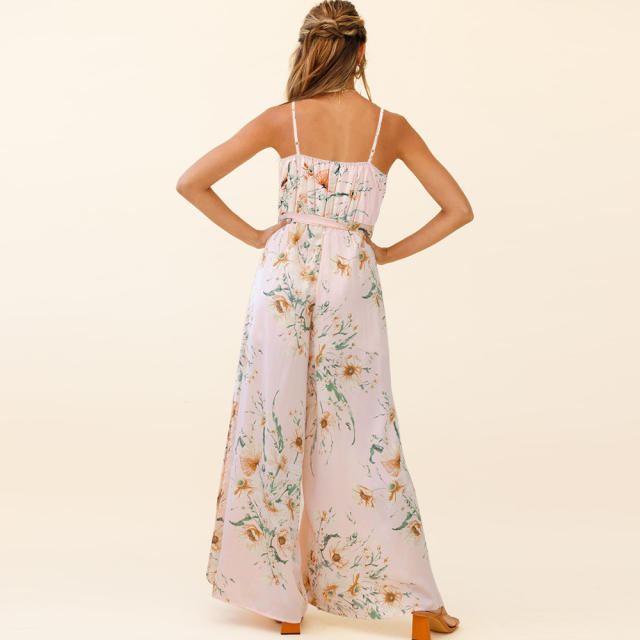 Pink Summer V-Neck Streetwear Wide Leg Jumpsuit For Women PQLQ109A
