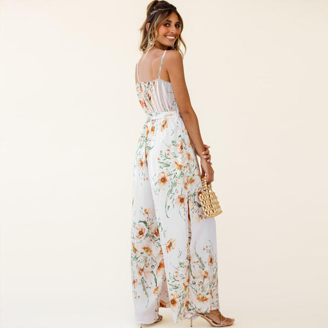 Pink Summer V-Neck Streetwear Wide Leg Jumpsuit For Women PQLQ109A