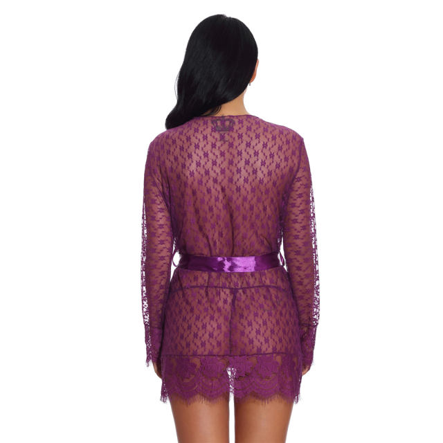 Black Sheer Lace Nightdress Sexy Robe Lingerie Women Night Gown PQ3512B