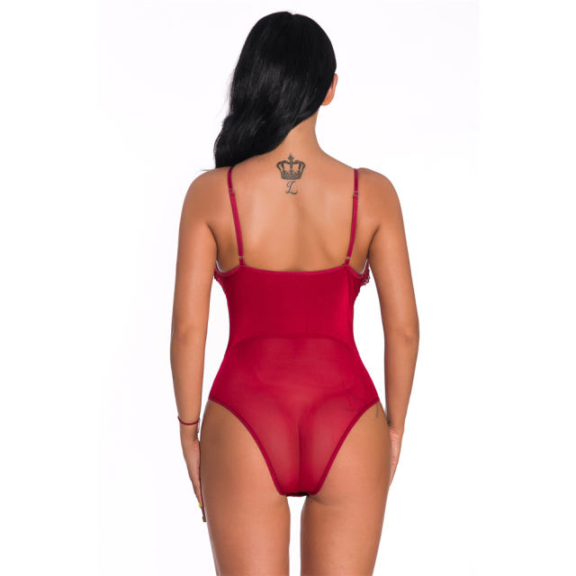 Red V-neck Teddies Lingerie Sexy Slim Bodysuit For Women PQ3624A