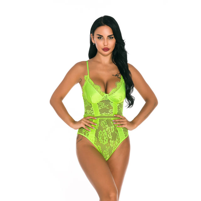Green V-neck Teddies Lingerie Sexy Skinny Bodysuit For Women PQ3819C