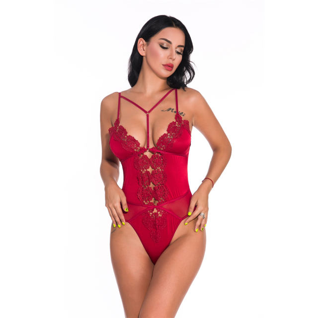 Red V-neck Teddies Lingerie Sexy Slim Bodysuit For Women PQ3624A