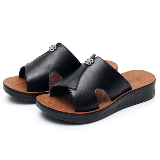 Red Wearable Shoes Foothold Women Summer Loafers Genuine Leather Slippers PQ909A