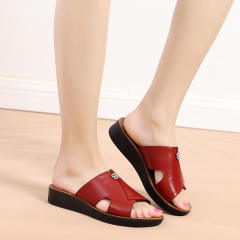 Red Wearable Shoes Foothold Women Summer Loafers Genuine Leather Slippers PQ909A