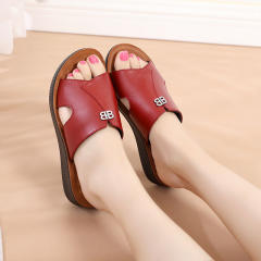 Red Wearable Shoes Foothold Women Summer Loafers Genuine Leather Slippers PQ909A