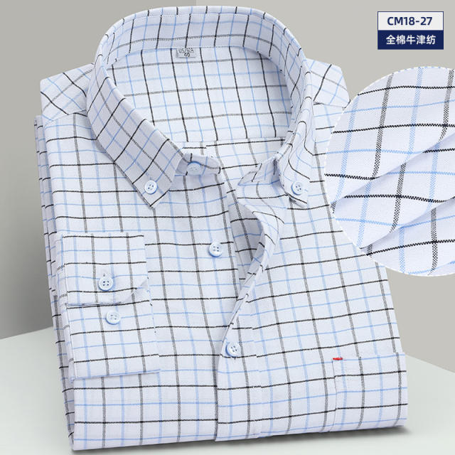 Men's Business Casual Long Sleeve Shirt Pure Cotton Oxford Plaid Shirt PQNJF28