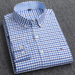 Men's Business Casual Long Sleeve Shirt Pure Cotton Oxford Plaid Shirt PQNJF28