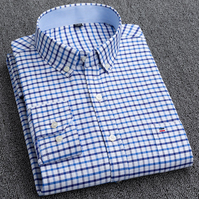 Men's Business Casual Long Sleeve Shirt Pure Cotton Oxford Plaid Shirt PQNJF28