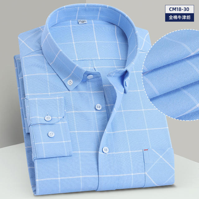 Men's Business Casual Shirt Long Sleeve Cotton Oxford Plaid Shirt PQNJF31