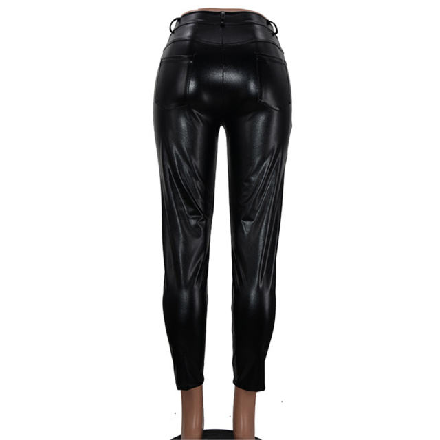 Black PU Hight Waist Trousers Sexy Slim Faux Leather Pants for Women PQYF077