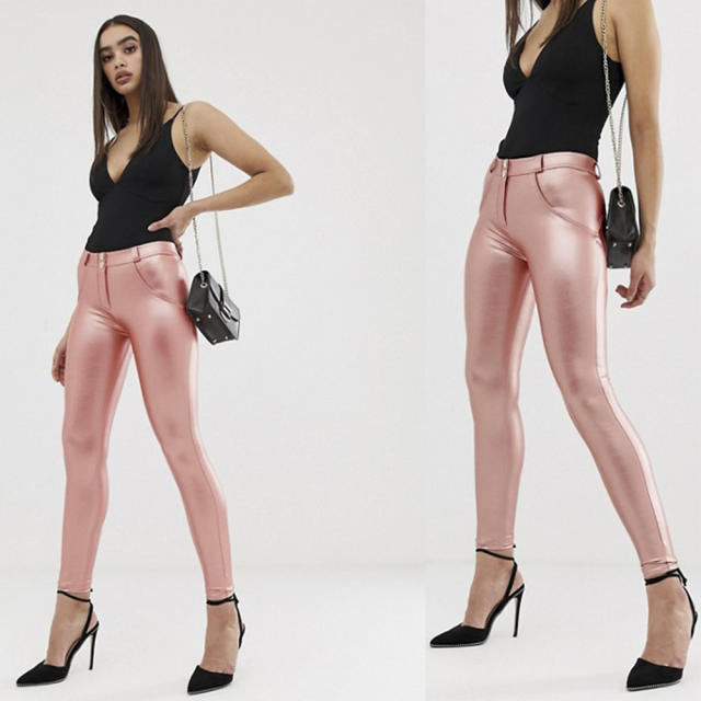 Mid Waist Wine Red Sexy PU Pants Faux Leather Trousers Women PQANZ-9MWSWL
