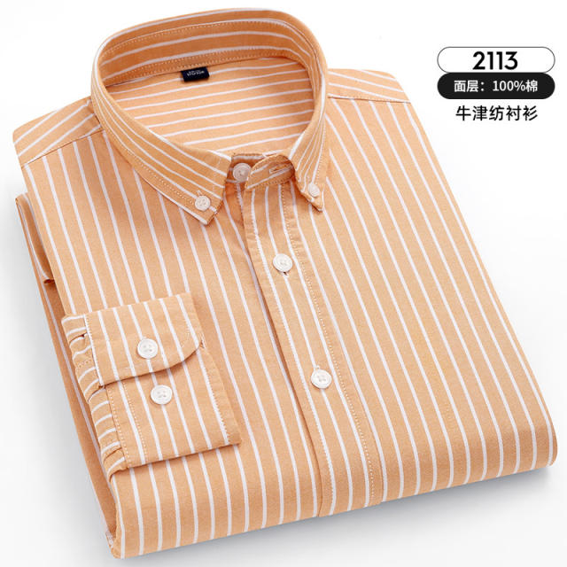 Orange Pinstripe Shirt For Men Business Casual Shirt Long Sleeve Cotton PQNJF2113