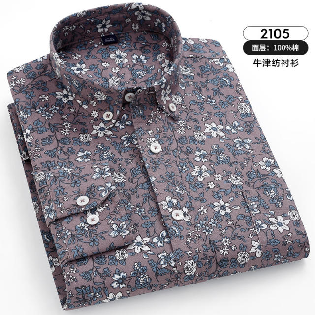Light Blue Floral Casual Shirt Men Long Sleeve Cotton Tops  Business ShirtPQNJF2106