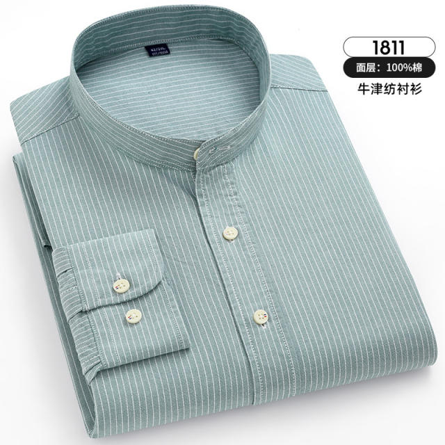 Green Pinstripe Shirt For Men Business Casual Shirt Long Sleeve Cotton PQNJF2114