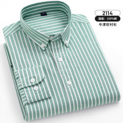 Green Pinstripe Shirt For Men Business Casual Shirt Long Sleeve Cotton PQNJF2114