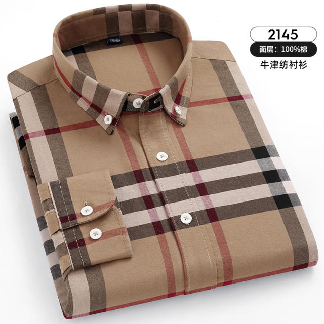 Pure Cotton Oxford Plaid Casual Shirt Men Long Sleeve Business Shirt PQ2138