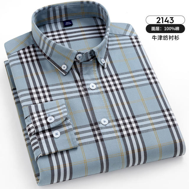 Cotton Oxford Plaid Casual Shirt For Men Long Sleeve Business Shirt PQ2139