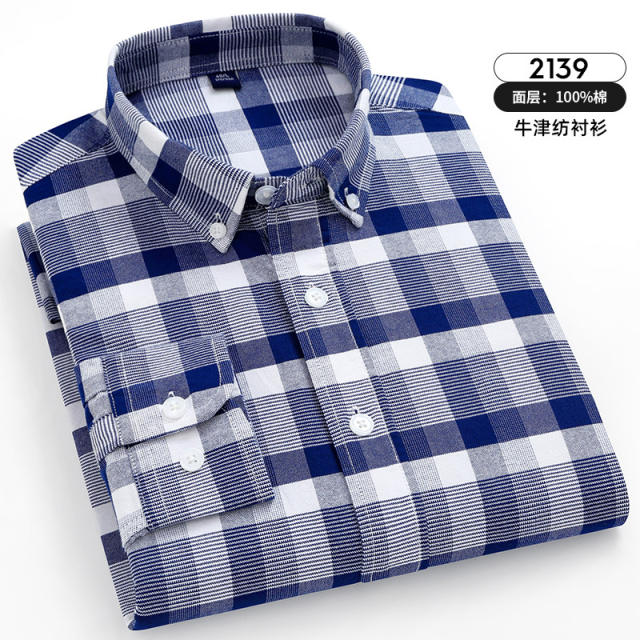 Cotton Oxford Plaid Casual Shirt For Men Long Sleeve Business Shirt PQ2139