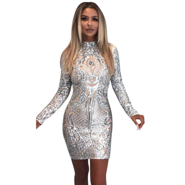 Silver Sexy Long Sleeve Club Dresses Women Sequin Party Dress P059B