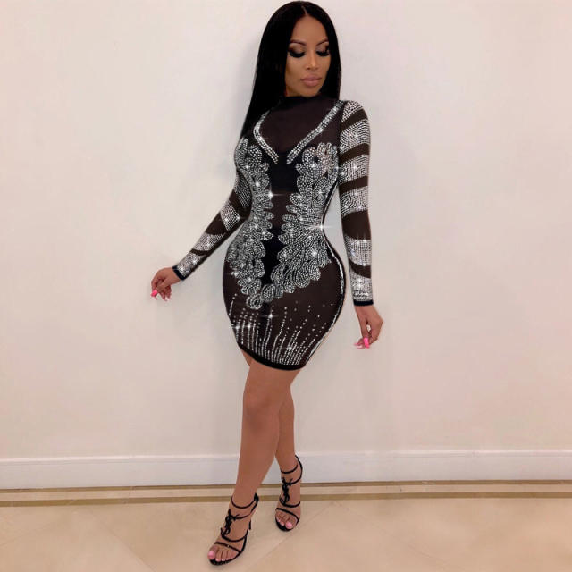 Silver Sexy Bodycon Dresses Rhinestone Mini Dress For Women PQ8936B