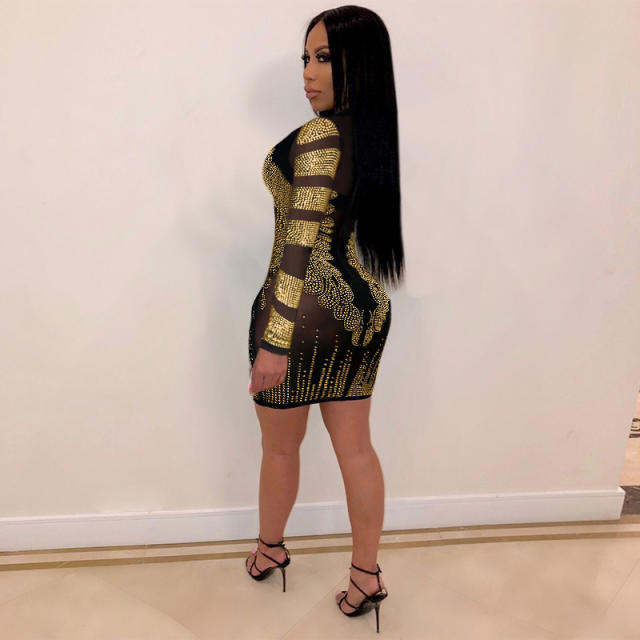 Gold Sexy Bodycon Dresses Rhinestone Mini Dress For Women PQ8936A