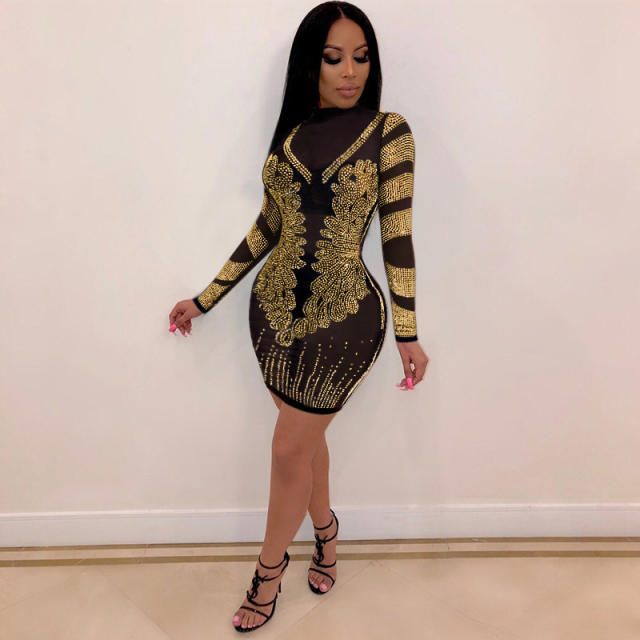 Gold Sexy Bodycon Dresses Rhinestone Mini Dress For Women PQ8936A