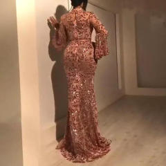 Pink Sequin Evening Dresses Sexy Women Long Sleeve Mesh Prom Dress PQ8678