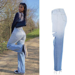 Blue Gradient Ripped Jeans For Women Hole Denim Pants PQTOP6696
