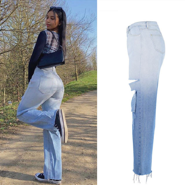 Blue Gradient Ripped Jeans For Women Hole Denim Pants PQTOP6696