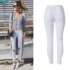 White Hight Waist Ripped Jeans For Women Skiny Denim Pants PQTOP006
