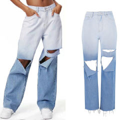 Blue Gradient Ripped Jeans For Women Hole Denim Pants PQTOP6696