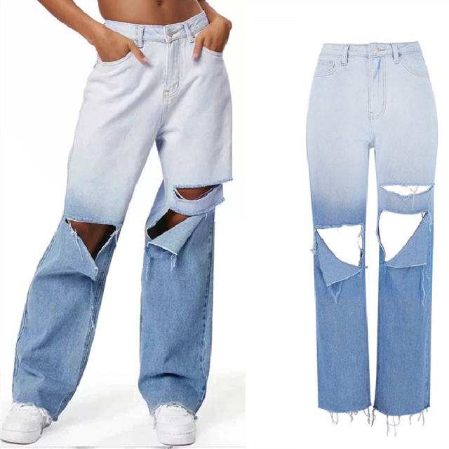 Blue Gradient Ripped Jeans For Women Hole Denim Pants PQTOP6696