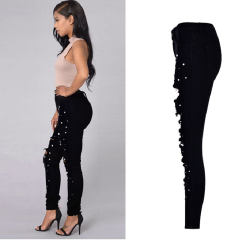 Black Skinny Hight Waist Jeans Women Pearl Denim Pants PQTOP6662