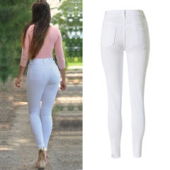 White Skiny Denim Pants Hight Waist Ripped Jeans For Women PQTOP010B
