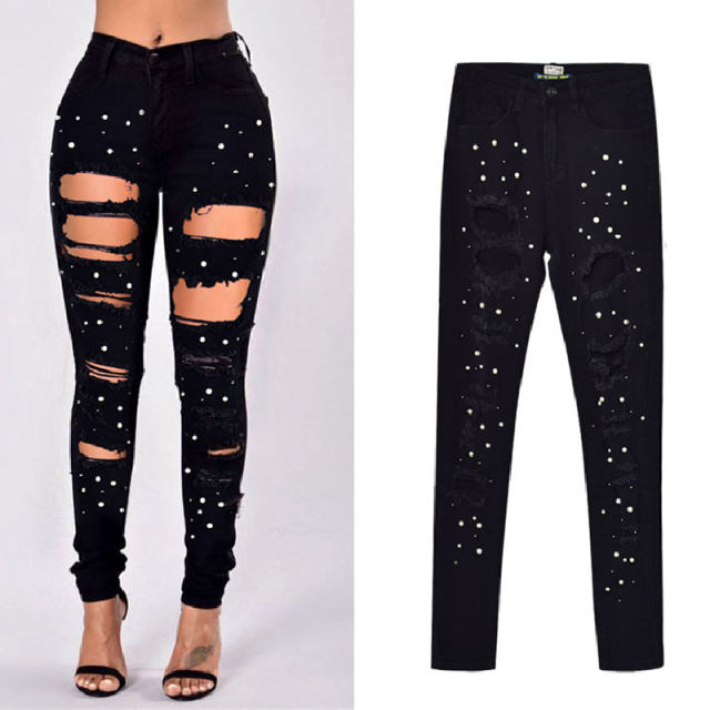 Black Skinny Hight Waist Jeans Women Pearl Denim Pants PQTOP6662