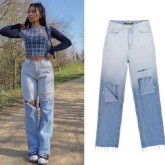 Blue Gradient Ripped Jeans For Women Hole Denim Pants PQTOP6696