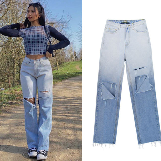 Blue Gradient Ripped Jeans For Women Hole Denim Pants PQTOP6696