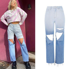 Blue Gradient Ripped Jeans For Women Hole Denim Pants PQTOP6696