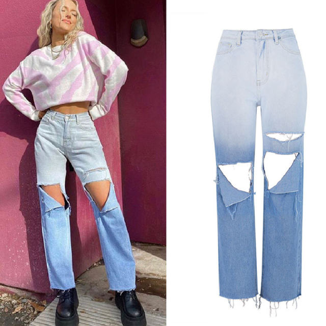 Blue Gradient Ripped Jeans For Women Hole Denim Pants PQTOP6696