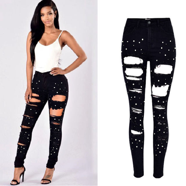 Black Skinny Hight Waist Jeans Women Pearl Denim Pants PQTOP6662