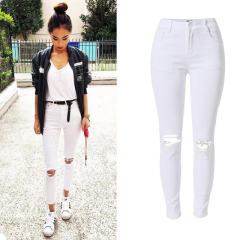 White Hight Waist Ripped Jeans For Women Skiny Denim Pants PQTOP006