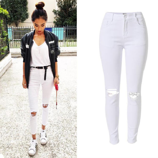White Hight Waist Ripped Jeans For Women Skiny Denim Pants PQTOP006