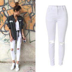 White Hight Waist Ripped Jeans For Women Skiny Denim Pants PQTOP006